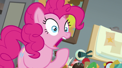 Size: 1920x1080 | Tagged: safe, screencap, pinkie pie, earth pony, pony, g4, the last laugh, female, mare, open mouth, raised hoof, solo