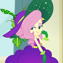 Size: 1080x1080 | Tagged: safe, screencap, fluttershy, equestria girls, equestria girls specials, g4, my little pony equestria girls: better together, my little pony equestria girls: holidays unwrapped, o come all ye squashful, bare shoulders, cornucopia costumes, cropped, female, hat, lip bite, sleeveless, smiling, solo, sun hat