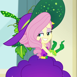 Size: 1080x1080 | Tagged: safe, screencap, fluttershy, equestria girls, equestria girls series, g4, holidays unwrapped, o come all ye squashful, spoiler:eqg series (season 2), bare shoulders, cornucopia costumes, cropped, female, hat, sleeveless, smiling, solo, sun hat