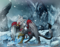 Size: 3750x2943 | Tagged: safe, alternate version, artist:jesterpi, oc, oc:gideon, griffon, adventure, armor, aurora, blizzard, cave, chainmail, cloth, cold, cropped, epic, grand, griffon oc, high quality, high res, hunting, ice, metal wing, mountain, paws, plushie, river, rock, shadow, snow, snowfall, splash, standing, sun, sword, talons, weapon, zoomed in