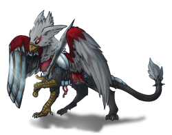 Size: 1875x1472 | Tagged: safe, alternate version, artist:jesterpi, oc, oc:gideon, griffon, armor, background removed, chainmail, character, cloth, epic, grand, griffon oc, high quality, metal wing, paws, resting, shadow, simple background, standing, sword, talons, transparent background, weapon