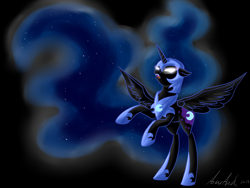 Size: 1400x1050 | Tagged: safe, artist:dreamyartcosplay, nightmare moon, alicorn, pony, g4, black background, ethereal mane, female, glowing eyes, helmet, hoof shoes, mare, peytral, rearing, signature, simple background, solo, starry mane