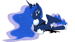 Size: 1280x720 | Tagged: safe, artist:wynnchi, princess luna, alicorn, pony, g4, 3d, ethereal mane, female, hoof shoes, lying down, mare, peytral, simple background, solo, starry mane, transparent background
