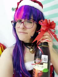 Size: 3456x4608 | Tagged: safe, artist:ribbonbell, sci-twi, twilight sparkle, human, equestria girls, g4, bell, bell collar, christmas, cider, clothes, collar, cosplay, costume, glasses, holiday, irl, irl human, one eye closed, photo, wink
