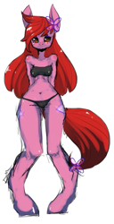 Size: 653x1280 | Tagged: safe, artist:kaknifu, oc, oc only, earth pony, anthro, unguligrade anthro, arm behind back, bikini, both cutie marks, clothes, earth pony oc, female, flower, flower in hair, simple background, solo, swimsuit, white background