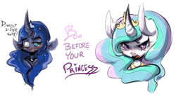 Size: 1200x658 | Tagged: safe, artist:kaknifu, princess celestia, princess luna, alicorn, pony, g4, 2014, bust, curved horn, dialogue, duo, ethereal mane, eyepatch, female, horn, jewelry, mare, simple background, starry mane, tiara, white background