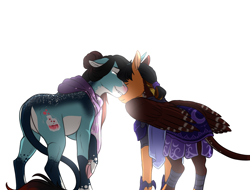 Size: 1258x956 | Tagged: safe, artist:blackblood-queen, oc, oc:annie belle, oc:daniel dasher, dracony, dragon, hybrid, pegasus, pony, unicorn, armor, brother and sister, clothes, crying, digital art, eyes closed, female, leonine tail, male, night guard, night guard armor, proud, scarf, siblings, tears of joy