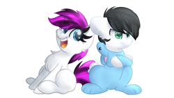 Size: 1024x576 | Tagged: safe, artist:lbrcloud, edit, oc, oc only, oc:blitz flame, oc:ember frost, pony, background added, chest fluff, cute, duo, easter, easter bunny, female, holiday, male, mare, simple background, stallion, white background