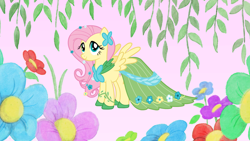 Size: 2880x1620 | Tagged: safe, screencap, fluttershy, pegasus, pony, g4, suited for success, clothes, dress, female, flower, flower in hair, gala dress, mare, outfit catalog, pink background, simple background, solo, vine