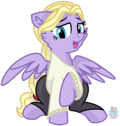 Size: 990x1046 | Tagged: safe, artist:rainbow eevee, oc, oc only, oc:lily missick, pegasus, pony, blonde, blonde mane, clothes, female, leggings, lidded eyes, raised hoof, reno high school, simple background, skinny, solo, spread wings, sweater, thin, transparent background, wat, wings