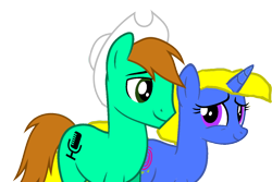 Size: 1266x846 | Tagged: safe, artist:kayman13, oc, oc only, oc:callion disney, oc:kellen, pony, unicorn, female, hat, looking at each other, male, simple background, smiling, transparent background