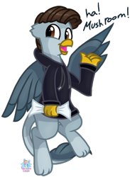 Size: 871x1190 | Tagged: safe, artist:rainbow eevee, oc, oc only, oc:christian the mushroom hair, griffon, clothes, flying, griffon oc, hoodie, joke, laughing, lol, looking at you, mushroom, paper, reno high school, simple background, solo, spread wings, transparent background, wings