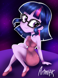 Size: 1536x2048 | Tagged: safe, artist:artmlpk, sci-twi, twilight sparkle, equestria girls, g4, alternate hairstyle, bracelet, clothes, cute, design, female, jewelry, shoes, short hair, sitting, solo, twiabetes