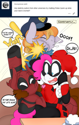 Size: 1507x2385 | Tagged: safe, artist:blackbewhite2k7, cheese sandwich, copper top, pinkie pie, pony, g4, ask, backhoof, batman, cheesepool, clothes, cosplay, costume, crossover, dc comics, deadpool, female, harley quinn, male, marvel, parody, pinkie quinn, police, punch, ship:cheesepie, shipping, straight, tumblr