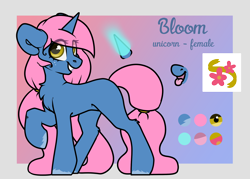 Size: 2500x1792 | Tagged: safe, artist:spoopygander, oc, oc only, oc:bloom (ender), pony, unicorn, cute, female, glowing horn, horn, looking at you, mare, reference sheet, smiling, solo, text, tongue out