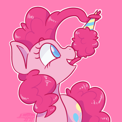 Size: 1200x1200 | Tagged: safe, artist:imaplatypus, pinkie pie, earth pony, pony, g4, colored pupils, cotton candy, cute, diapinkes, eating, female, licking, mare, pink background, prehensile mane, profile, simple background, solo, tongue out