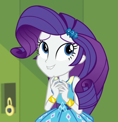 Size: 1046x1080 | Tagged: safe, screencap, rarity, equestria girls, equestria girls specials, g4, my little pony equestria girls: better together, my little pony equestria girls: holidays unwrapped, o come all ye squashful, beautiful, bracelet, canterlot high, cropped, cute, female, hallway, jewelry, lip bite, lockers, raribetes, smiling, solo