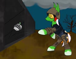 Size: 1024x800 | Tagged: safe, artist:capt-sierrasparx, oc, oc only, oc:wandering sunrise, earth pony, pony, fallout equestria, fallout equestria: dead tree, armor, dead tree, fallout, grenade, helmet, solo, tabletop game, this will end in death, this will end in tears, this will end in tears and/or death, tree