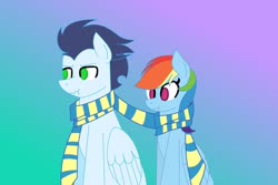 Size: 1280x855 | Tagged: safe, artist:northgirl15, rainbow dash, soarin', g4, clothes, female, male, scarf, scrunchy face, shared clothing, shared scarf, ship:soarindash, shipping, straight
