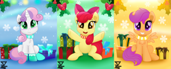Size: 7200x2945 | Tagged: safe, artist:theretroart88, edit, apple bloom, scootaloo, sweetie belle, earth pony, pegasus, pony, unicorn, g4, absurd resolution, adorabloom, chest fluff, christmas, clothes, cute, cutealoo, cutie mark crusaders, daaaaaaaaaaaw, diasweetes, female, filly, gloves, heart, holiday, holly, looking at you, open mouth, present, scarf, sitting, snow, snowflake, squee, theretroart88 is trying to murder us, triptych, weapons-grade cute
