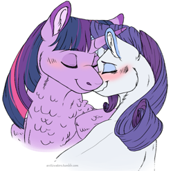 Size: 729x723 | Tagged: safe, artist:arcticwaters, rarity, twilight sparkle, alicorn, pony, unicorn, g4, blushing, bust, crossed horns, female, horn, horns are touching, lesbian, nuzzling, ship:rarilight, shipping, simple background, twilight sparkle (alicorn), white background