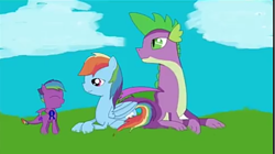 Size: 723x406 | Tagged: safe, artist:snail-duck, rainbow dash, spike, oc, dracony, dragon, hybrid, pegasus, pony, g4, blue ribbon, family, female, interspecies offspring, looking down, male, offspring, older, older spike, parent:rainbow dash, parent:spike, parents:rainbowspike, ship:rainbowspike, shipping, straight