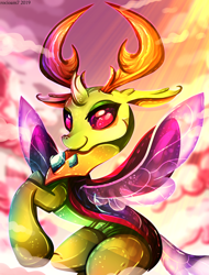 Size: 2512x3307 | Tagged: safe, artist:rocioam7, thorax, changedling, changeling, g4, beautiful, cloud, fabulous, high res, horns, king thorax, majestic, male, sky, smiling, solo