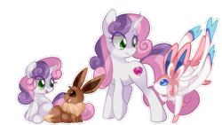 Size: 866x489 | Tagged: safe, artist:loyaldis, sweetie belle, eevee, pony, sylveon, unicorn, g4, cute, diasweetes, eeveelution, female, filly, heart eyes, mare, older, older sweetie belle, pokémon, simple background, then and now, transparent background, white outline, wingding eyes, ych result