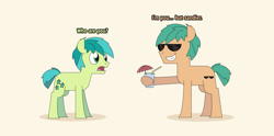 Size: 4629x2295 | Tagged: safe, artist:gd_inuk, sandbar, earth pony, pony, g4, cup, duo, high res, hoof hold, juice, lemonade, male, round trip, simple background, smug, straw, sunblind, sunglasses, yellow background