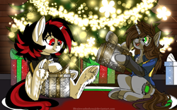 Size: 1920x1200 | Tagged: safe, artist:brainiac, oc, oc only, oc:blackjack, oc:littlepip, pony, unicorn, fallout equestria, fallout equestria: project horizons, bottomless, chest fluff, christmas, christmas gift, christmas lights, christmas tree, clothes, collar, commission, cute, fanfic art, female, fluffy, frog (hoof), hearth's warming, holiday, horn, mare, ocbetes, partial nudity, small horn, tree, underhoof