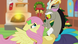 Size: 1920x1080 | Tagged: safe, artist:enviaart, discord, fluttershy, draconequus, pegasus, pony, g4, bell, blushing, bow, christmas, christmas tree, christmas wreath, clothes, cute, discute, female, fire, fireplace, floppy ears, fluttershy's cottage, hairclip, happy, hearth's warming, hearth's warming eve, holiday, looking at each other, male, peaceful, ship:discoshy, shipping, shyabetes, smiling, stockings, straight, sweet dreams fuel, thigh highs, tree, wreath