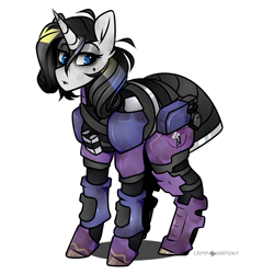 Size: 1050x1050 | Tagged: safe, artist:crimmharmony, oc, oc only, oc:shadow spade, pony, unicorn, fallout equestria, fallout equestria: kingpin, armor, beauty mark, black eyeshadow, blank, blank of rarity, blue eyes, commissioner:genki, dead eyes, dirty, eyeshadow, gun, handgun, horn, justice mare, lawbringer, makeup, ministry of awesome, moa stealth armor, not rarity, pistol, power armor, simple background, solo, tail armor, unicorn oc, weapon, white background