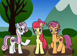 Size: 2569x1872 | Tagged: safe, artist:platinumdrop, apple bloom, scootaloo, sweetie belle, earth pony, pegasus, pony, unicorn, g4, growing up is hard to do, older