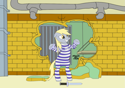 Size: 1123x794 | Tagged: safe, artist:amaguq, derpibooru exclusive, derpy hooves, pegasus, pony, g4, broken wall, clothes, cody travers, crossover, cuffs, female, final fight, handcuffed, knife, prison cell, prison outfit, prison stripes, solo, street fighter, street fighter alpha 3, street fighter zero 3, vector