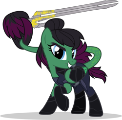 Size: 1280x1263 | Tagged: safe, artist:mlp-trailgrazer, oc, oc only, pony, clothes, cosplay, costume, female, gamora, mare, marvel, prehensile tail, solo, sword, tail hold, weapon