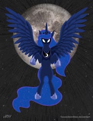 Size: 720x937 | Tagged: safe, artist:texasuberalles, princess luna, alicorn, pony, g4, ethereal mane, female, flying, glowing eyes, jewelry, lineless, mare, moon, regalia, solo, spread wings, wings