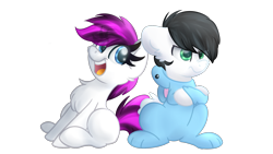 Size: 1920x1080 | Tagged: safe, artist:lbrcloud, edit, oc, oc only, oc:blitz flame, oc:ember frost, earth pony, pony, 2020 community collab, derpibooru community collaboration, animal costume, bunny costume, chest fluff, clothes, costume, cute, duo, easter, easter bunny, female, grumpy, holiday, male, mare, simple background, stallion, transparent background, ych result