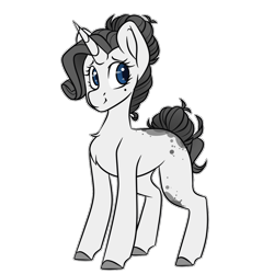 Size: 1050x1050 | Tagged: safe, artist:crimmharmony, oc, oc only, oc:shadow spade, pony, unicorn, fallout equestria: kingpin, beauty mark, blank, blank flank, blank of rarity, commissioner:genki, horn, justice mare, lawbringer, not rarity, shy, simple background, solo, spots, translucent, transparent background, unicorn oc