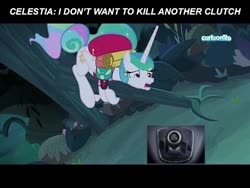 Size: 480x360 | Tagged: safe, edit, edited screencap, screencap, princess celestia, between dark and dawn, g4, my little pony: friendship is magic, cartoonito logo, manual transmission, meme, scared, tree branch