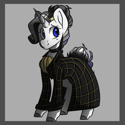 Size: 1050x1050 | Tagged: safe, artist:crimmharmony, oc, oc only, oc:shadow spade, pony, unicorn, fallout equestria, fallout equestria: kingpin, beauty mark, blank, blank of rarity, blue eyes, choker, clothes, commissioner:genki, gray background, horn, justice mare, lawbringer, ministry of image, not rarity, shading, shy, simple background, smiling, solo, trenchcoat, unicorn oc