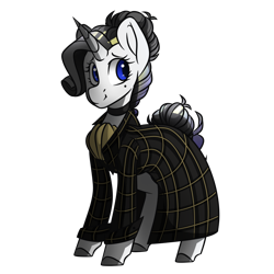 Size: 1050x1050 | Tagged: safe, artist:crimmharmony, oc, oc only, oc:shadow spade, pony, unicorn, fallout equestria, fallout equestria: kingpin, beauty mark, blank, blank of rarity, blue eyes, choker, clothes, commissioner:genki, horn, justice mare, lawbringer, ministry of image, not rarity, shading, shy, simple background, smiling, solo, translucent, transparent background, trenchcoat, unicorn oc