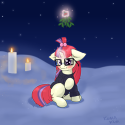 Size: 2000x2000 | Tagged: safe, artist:kumakum, moondancer, pony, unicorn, blushing, candle, christmas, clothes, cute, dancerbetes, ear fluff, featured image, female, floppy ears, glasses, glowing, glowing horn, hair accessory, head turned, high res, holiday, holly, holly mistaken for mistletoe, horn, levitation, looking at you, magic, magic aura, mare, meganekko, mistleholly, night, outdoors, outline, raised hoof, sitting, smiling, smiling at you, snow, solo, stars, sweater, taped glasses, telekinesis