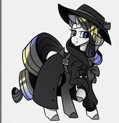 Size: 496x512 | Tagged: safe, artist:crimmharmony, edit, oc, oc only, oc:shadow spade, pony, unicorn, fallout equestria, fallout equestria: kingpin, beauty mark, blank, blank of rarity, blue eyes, clothes, commissioner:genki, detective, horn, justice mare, lawbringer, noir, not rarity, shading, shy, simple background, smiling, solo, trenchcoat, unicorn oc