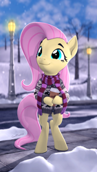 Size: 1080x1920 | Tagged: safe, artist:owlpirate, fluttershy, pony, g4, 3d, bipedal, bottomless, clothes, coffee mug, cup, cute, eyebrows, female, hoof hold, hot drink, looking away, looking up, mare, mug, partial nudity, scarf, shyabetes, sidewalk, smiling, snow, solo, source filmmaker, street, street lights, streetlight, sweater, sweatershy, three quarter view, winter outfit