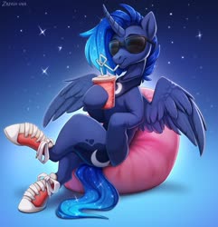 Size: 1233x1280 | Tagged: safe, artist:hattiezazu, princess luna, alicorn, pony, g4, beanbag chair, clothes, concave belly, converse, cool, crazy straw, crossed legs, cup, cutie mark, drink, drinking, drinking straw, female, hoof hold, hoof shoes, like a boss, mare, needs more jpeg, peytral, shoes, shoes only, sitting, slender, sneakers, solo, spread wings, stars, straw, straw in mouth, sunglasses, thin, wings