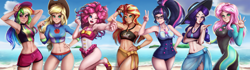 Size: 2844x800 | Tagged: safe, artist:the-park, applejack, fluttershy, pinkie pie, rainbow dash, rarity, sci-twi, sunset shimmer, twilight sparkle, human, equestria girls, g4, armpits, beach, belly button, cap, clothes, female, hat, human coloration, humane five, humane seven, humane six, line-up, ocean, shorts, sky, swimsuit, wetsuit