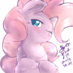 Size: 2048x2048 | Tagged: safe, artist:kurogewapony, pinkie pie, earth pony, pony, g4, bust, chest fluff, cute, diapinkes, female, high res, mare, one eye closed, simple background, solo, unshorn fetlocks, white background, wink