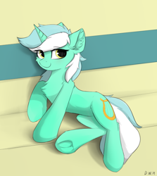 Size: 524x588 | Tagged: safe, artist:d.w.h.cn, lyra heartstrings, pony, unicorn, g4, chest fluff, cute, ear fluff, female, looking at you, mare, on side, smiling, solo, underhoof