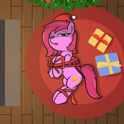 Size: 2000x2000 | Tagged: safe, artist:one4pony, oc, oc only, oc:cheery bell, bat pony, pony, bat pony oc, bondage, bound wings, christmas, gift wrapped, high res, holiday, ribbon, wings