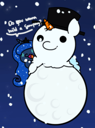 Size: 365x487 | Tagged: safe, artist:flutterluv, princess luna, alicorn, pony, g4, animated, chibi, cute, do you want to build a snowman, female, frozen (movie), gif, snow, snowfall, snowman, tangible heavenly object